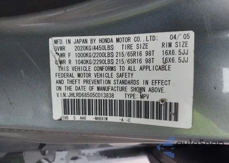 2005 Honda Cr-V Lx из США, поврежденный, VIN JHLRD68505C013838